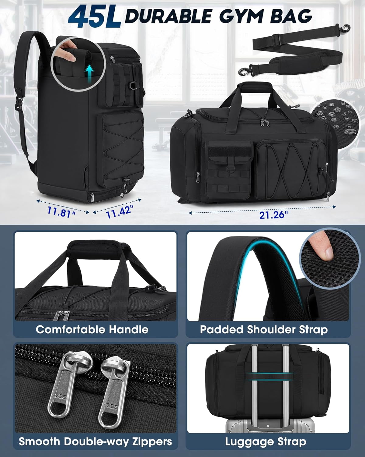 Gym Bag for Men 45L, 3-In-1 Sports Duffel Bag with Shoe Compartment