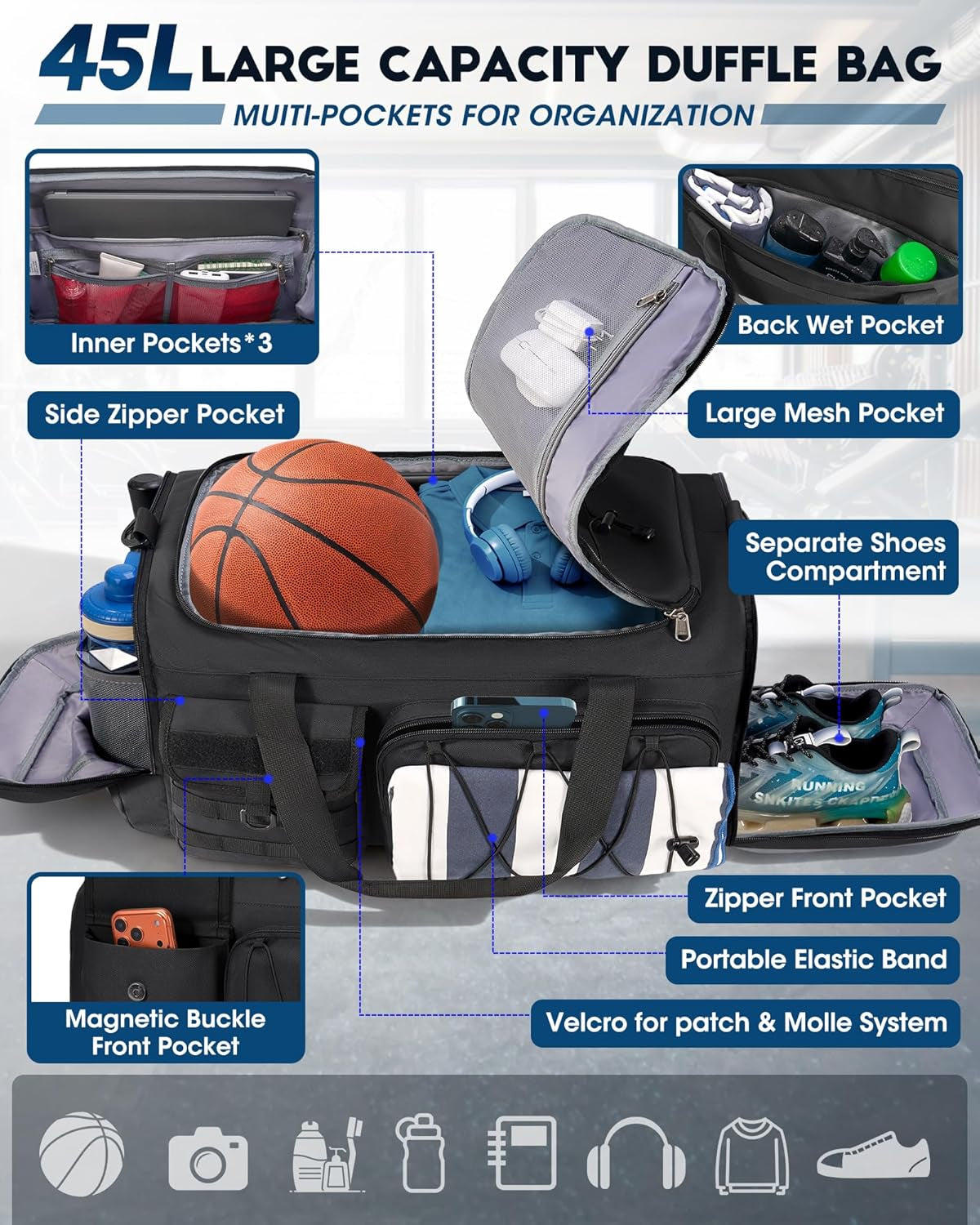 Gym Bag for Men 45L, 3-In-1 Sports Duffel Bag with Shoe Compartment