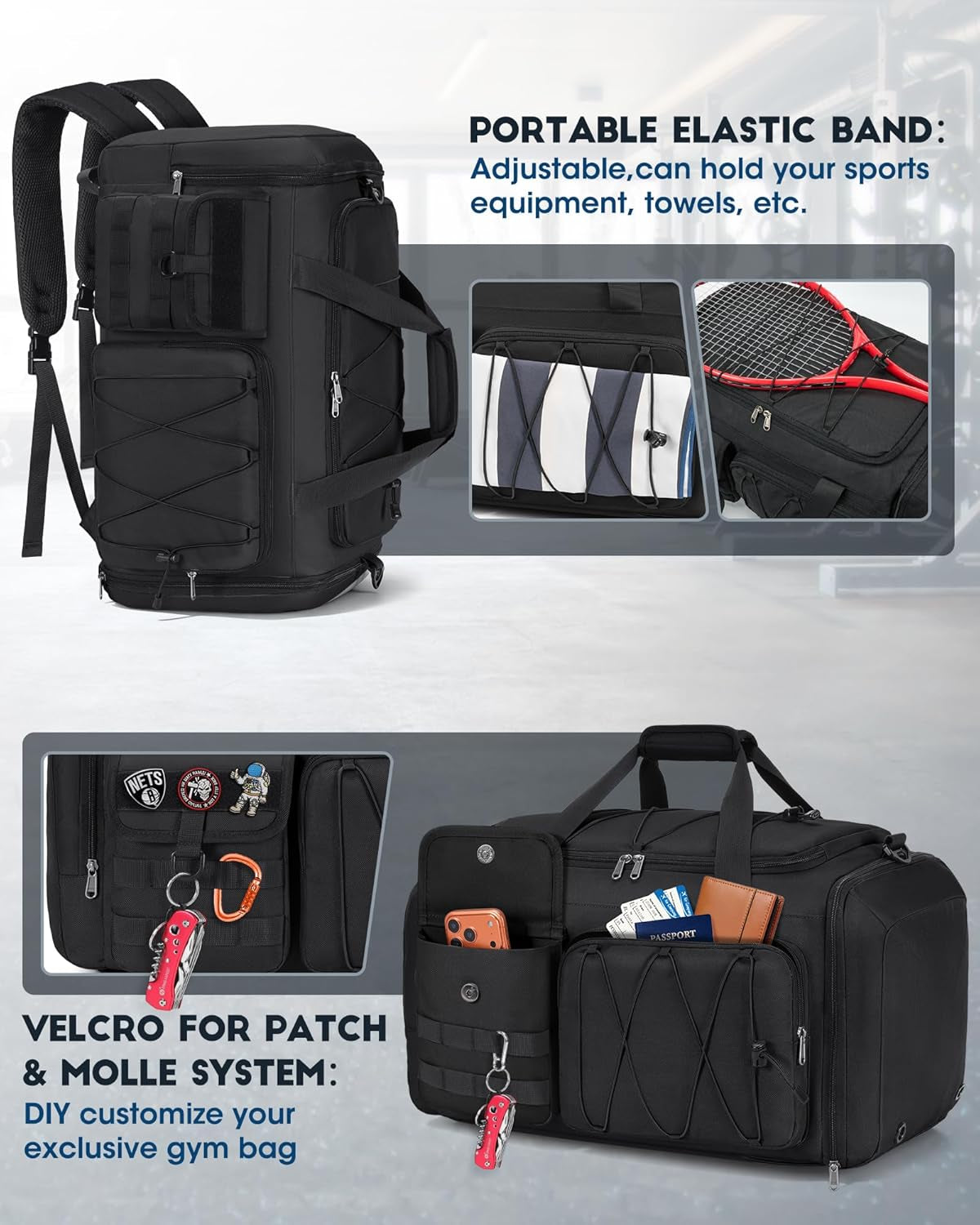 Gym Bag for Men 45L, 3-In-1 Sports Duffel Bag with Shoe Compartment