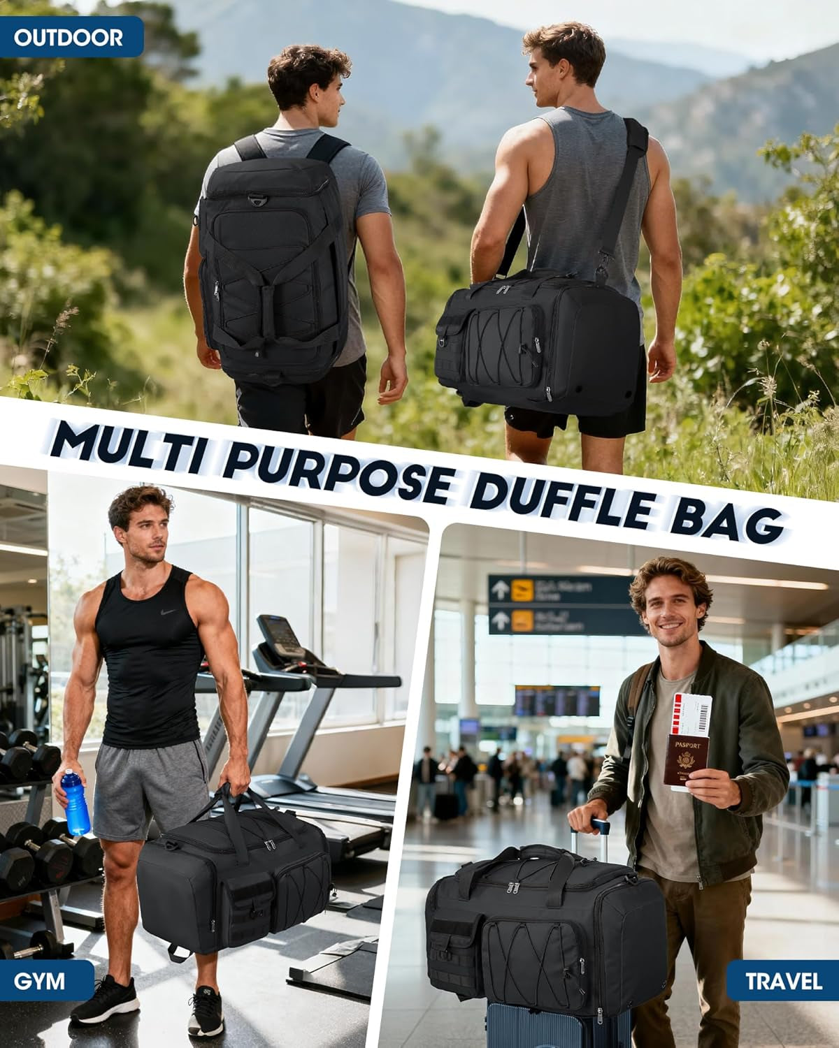 Gym Bag for Men 45L, 3-In-1 Sports Duffel Bag with Shoe Compartment