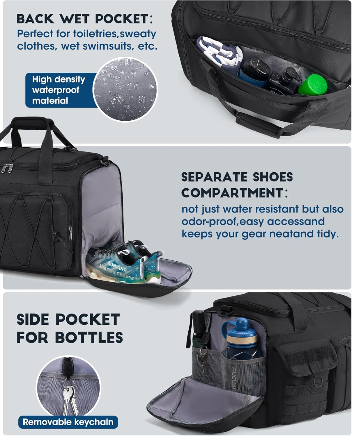 Gym Bag for Men 45L, 3-In-1 Sports Duffel Bag with Shoe Compartment